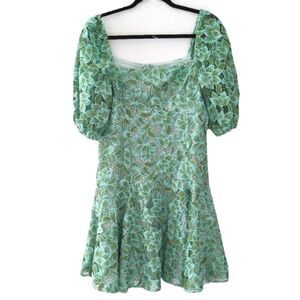 Shoshanna Layne Lace Leaf Puff-Sleeve Green Mini Dress sz 10
